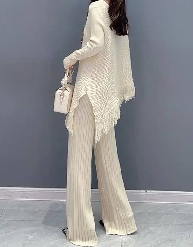 Asymmetrical Fringed Top With Pants Knit Set