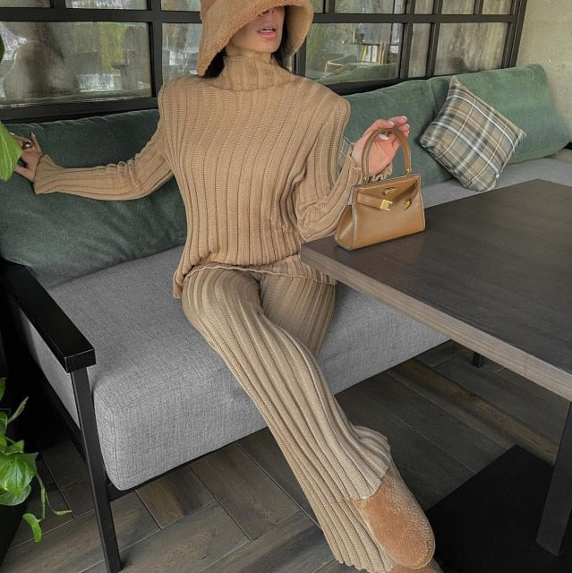 Autumn  2023 Ribbed 2pc Outfits Knitted Long Sleeve Sweater Top And Pants 2 Piece Sets