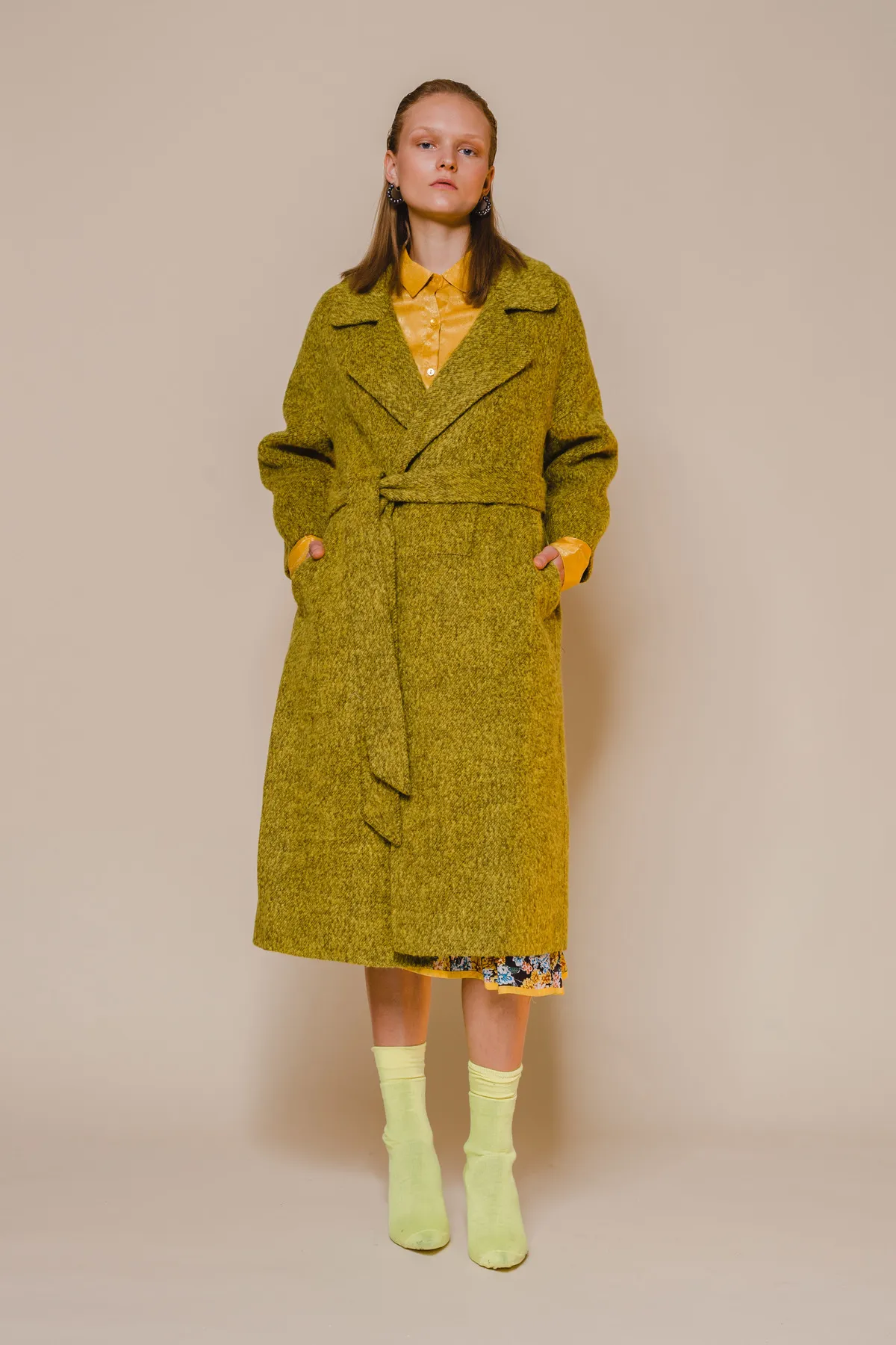 Belted Yak wool Coat -Yellow