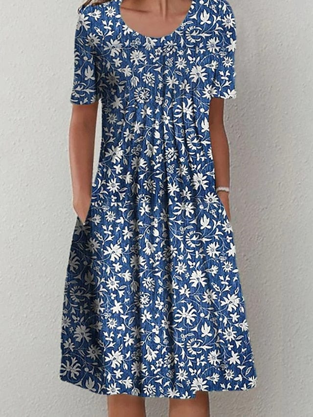 Blue Floral Midi Dress with Ruched Detail and Crew Neck