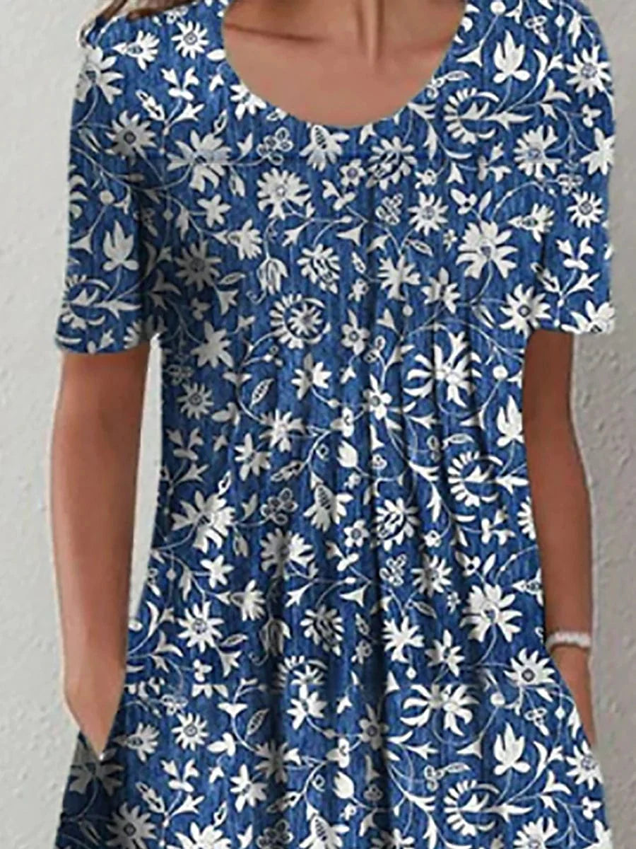 Blue Floral Midi Dress with Ruched Detail and Crew Neck