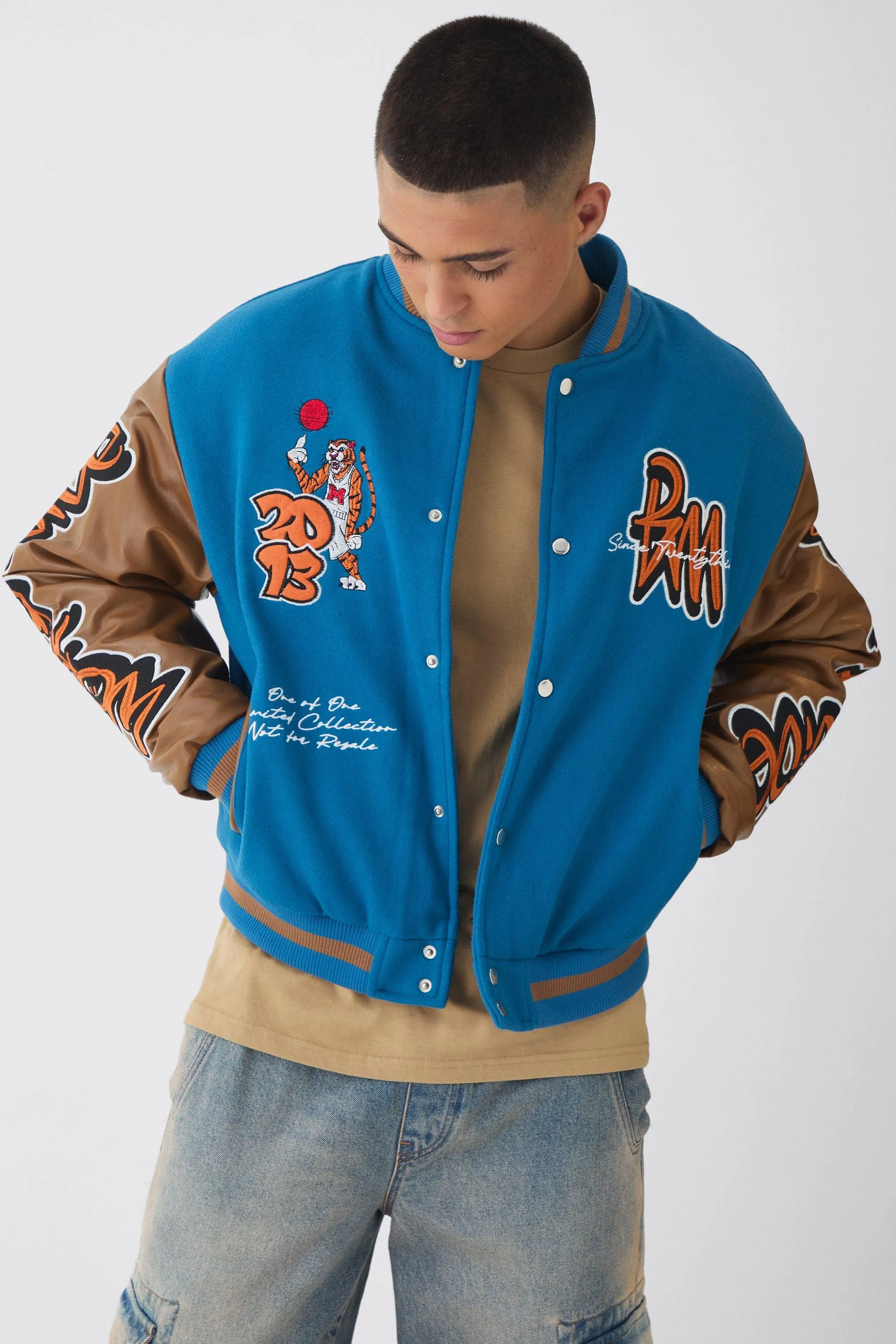 Boxy Worldwide Tiger Badge Varsity Jacket in Navy