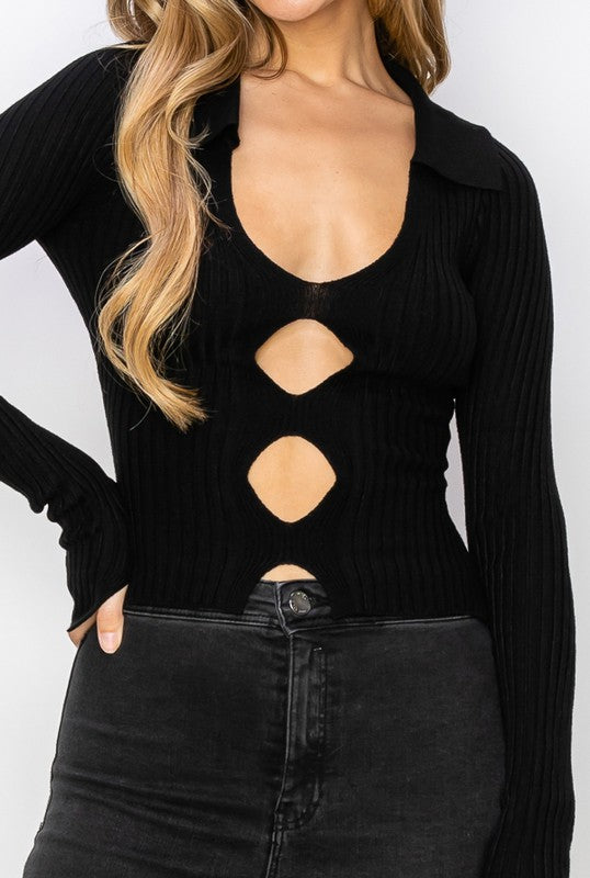 BRENDA U NECKLINE COLLAR LONG SLEEVE SWEATER