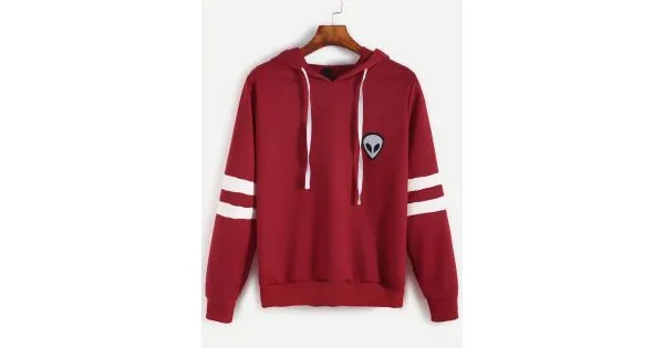 Burgundy Alien Embroidered Hooded Hoodie Striped Sweatshirt