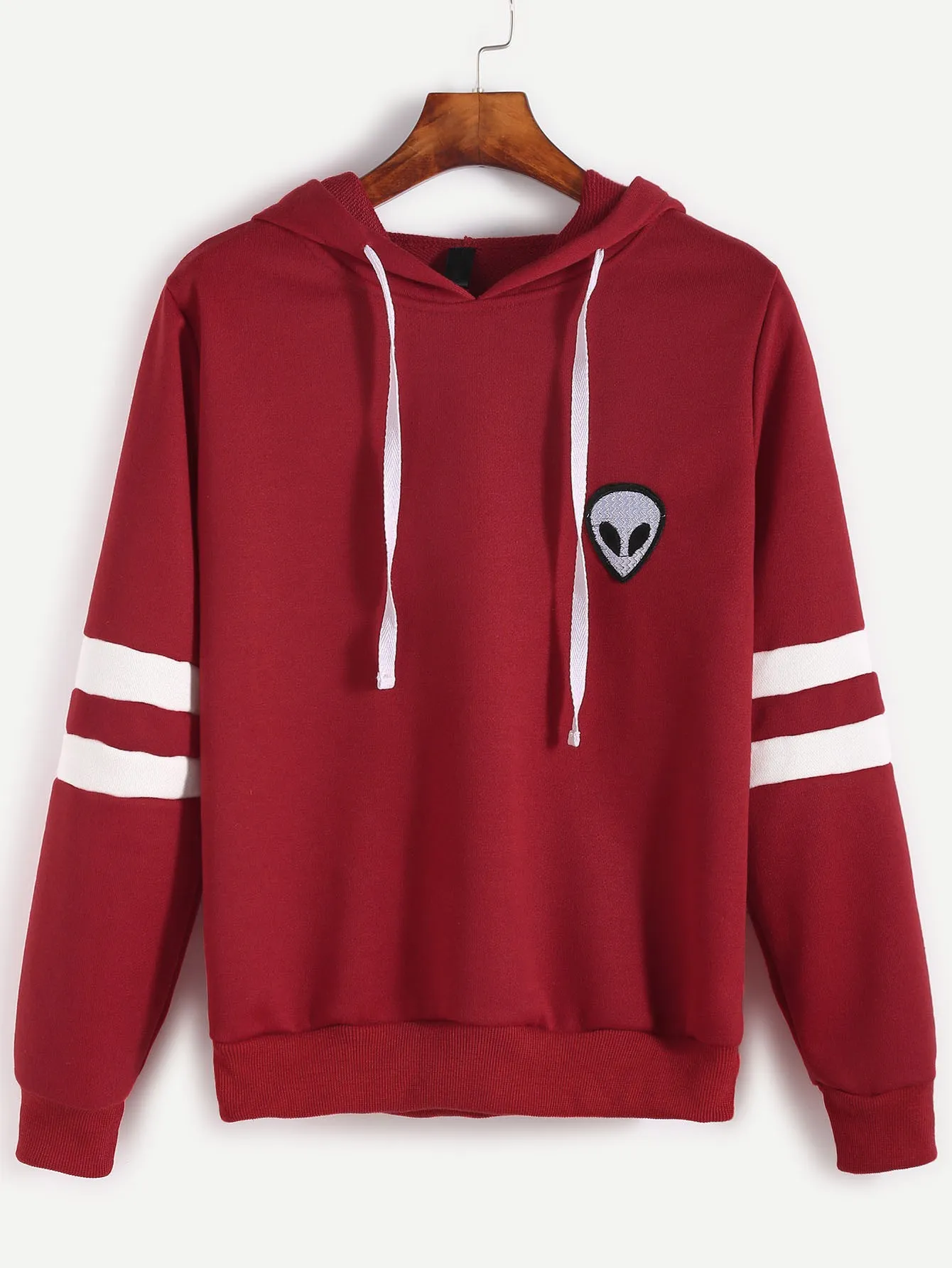 Burgundy Alien Embroidered Hooded Hoodie Striped Sweatshirt