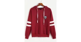 Burgundy Alien Embroidered Hooded Hoodie Striped Sweatshirt