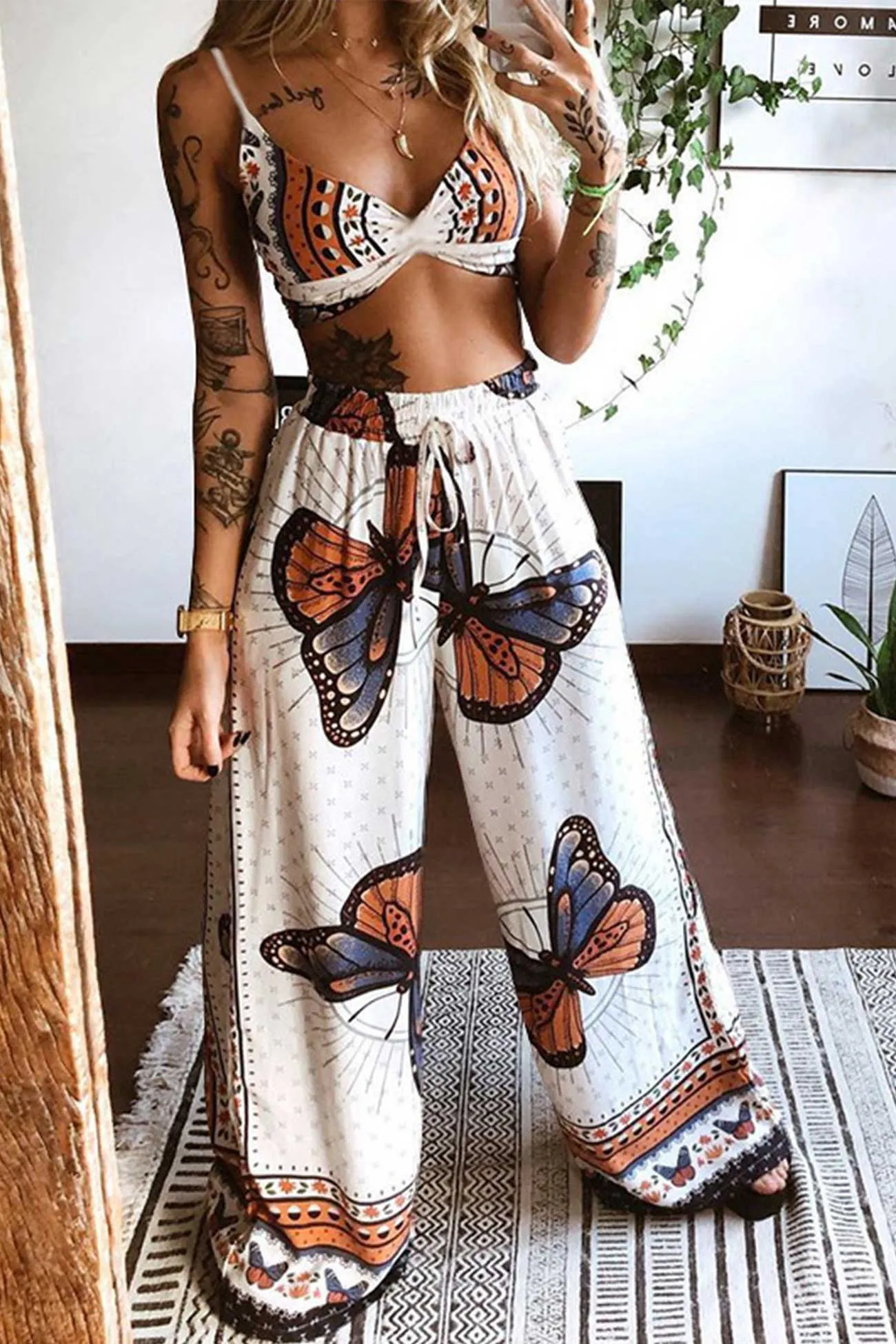 Butterfly Print Twisted Crop Top & Wide Leg Pants Set