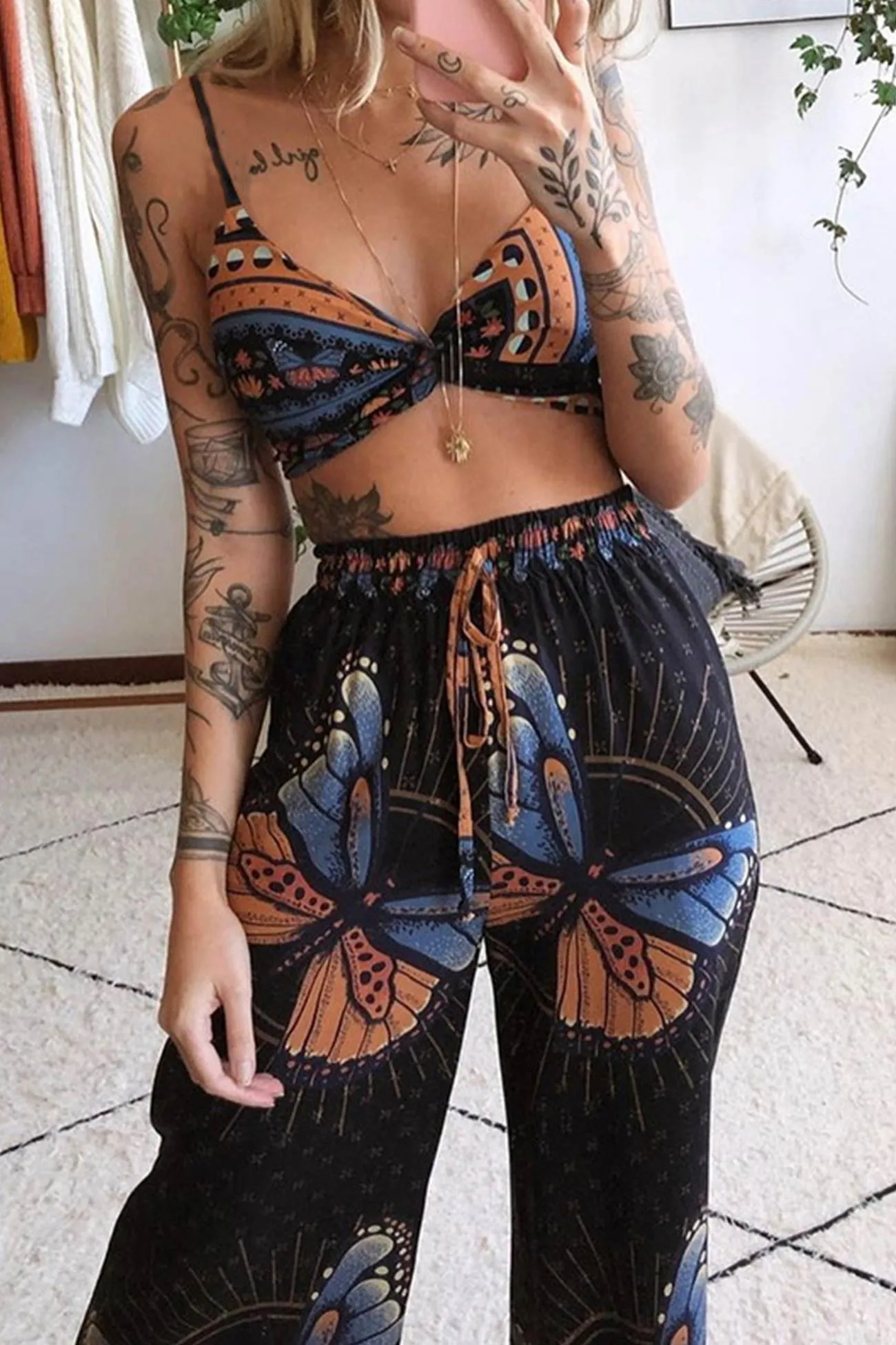 Butterfly Print Twisted Crop Top & Wide Leg Pants Set