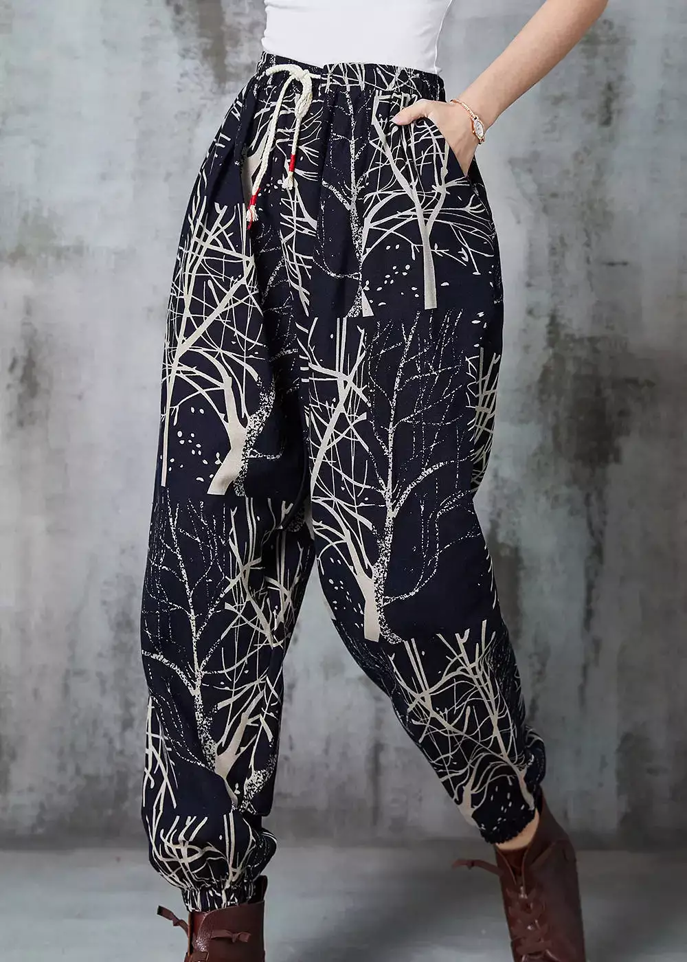 Casual Black Oversized Print Cotton Harem Pants Spring JK1044