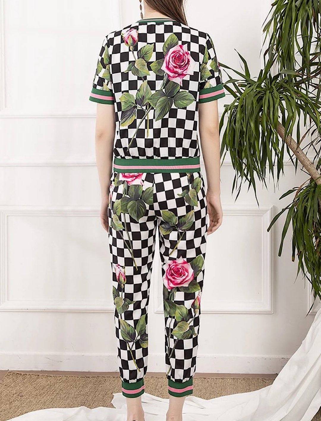 Checkers Rose Print Top and Pants Set