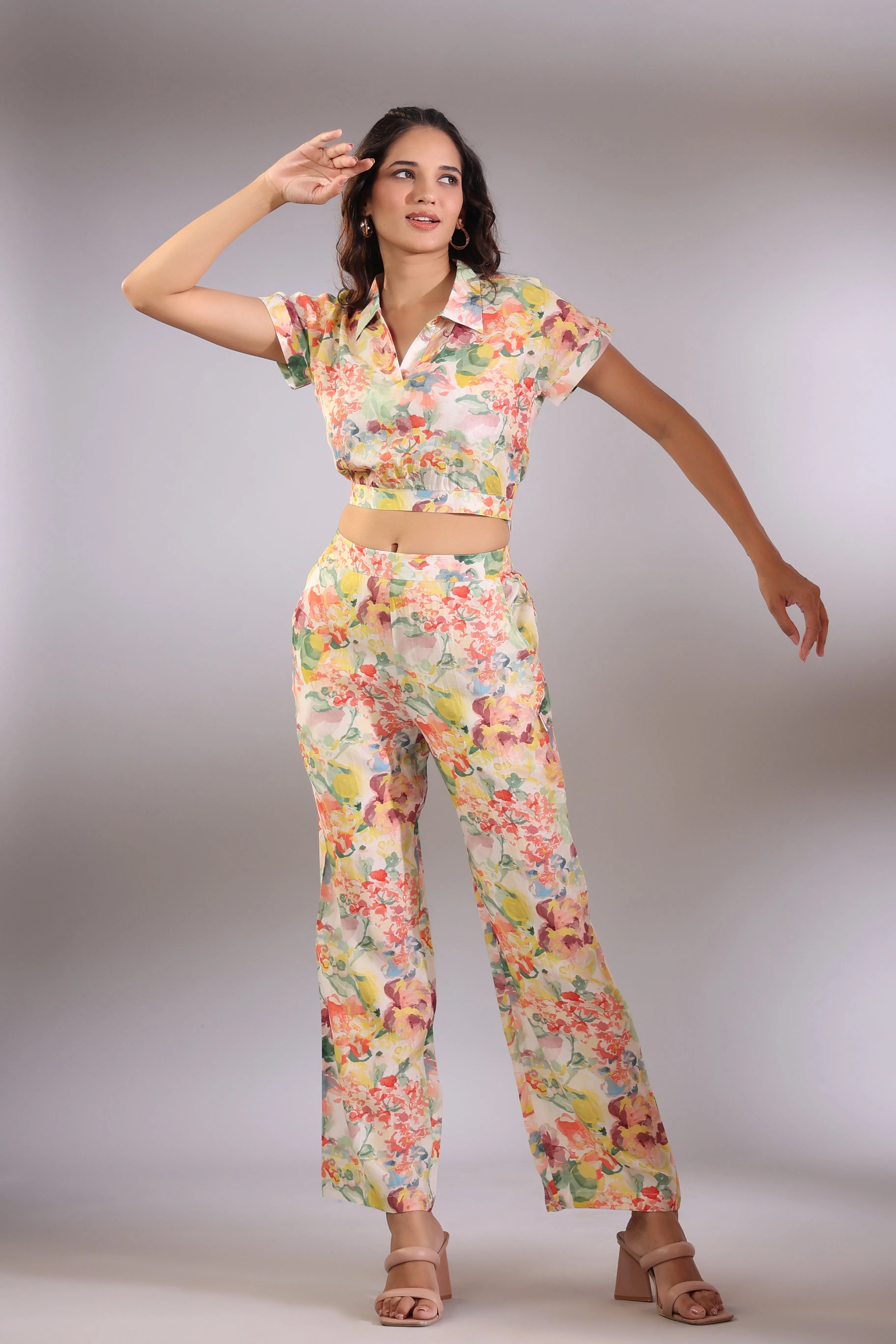 Cin Cin Muslin Silk Crop Top and Pants Co ord Set