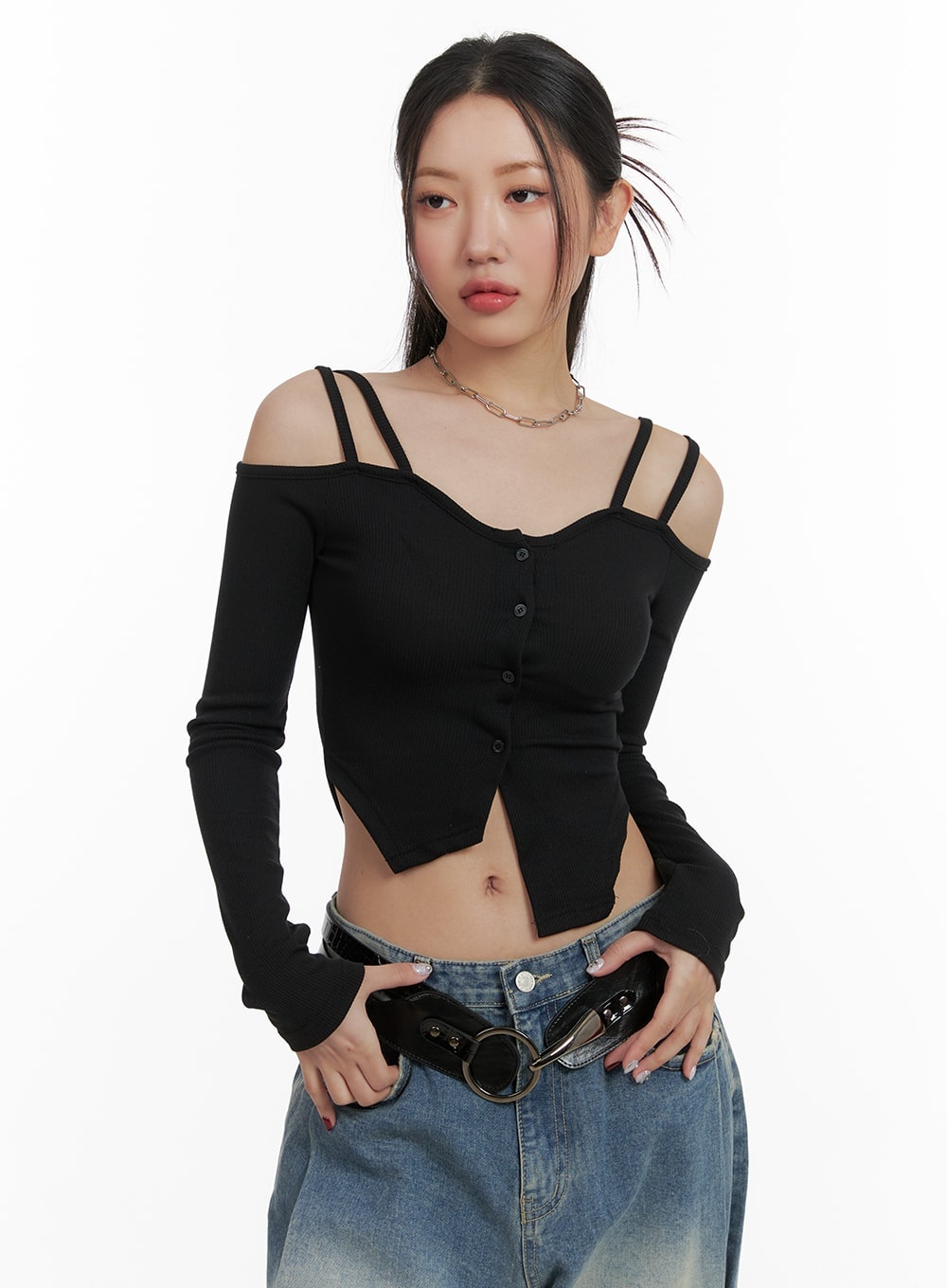 Cold Shoulder Button Ribbed Crop Top CA416