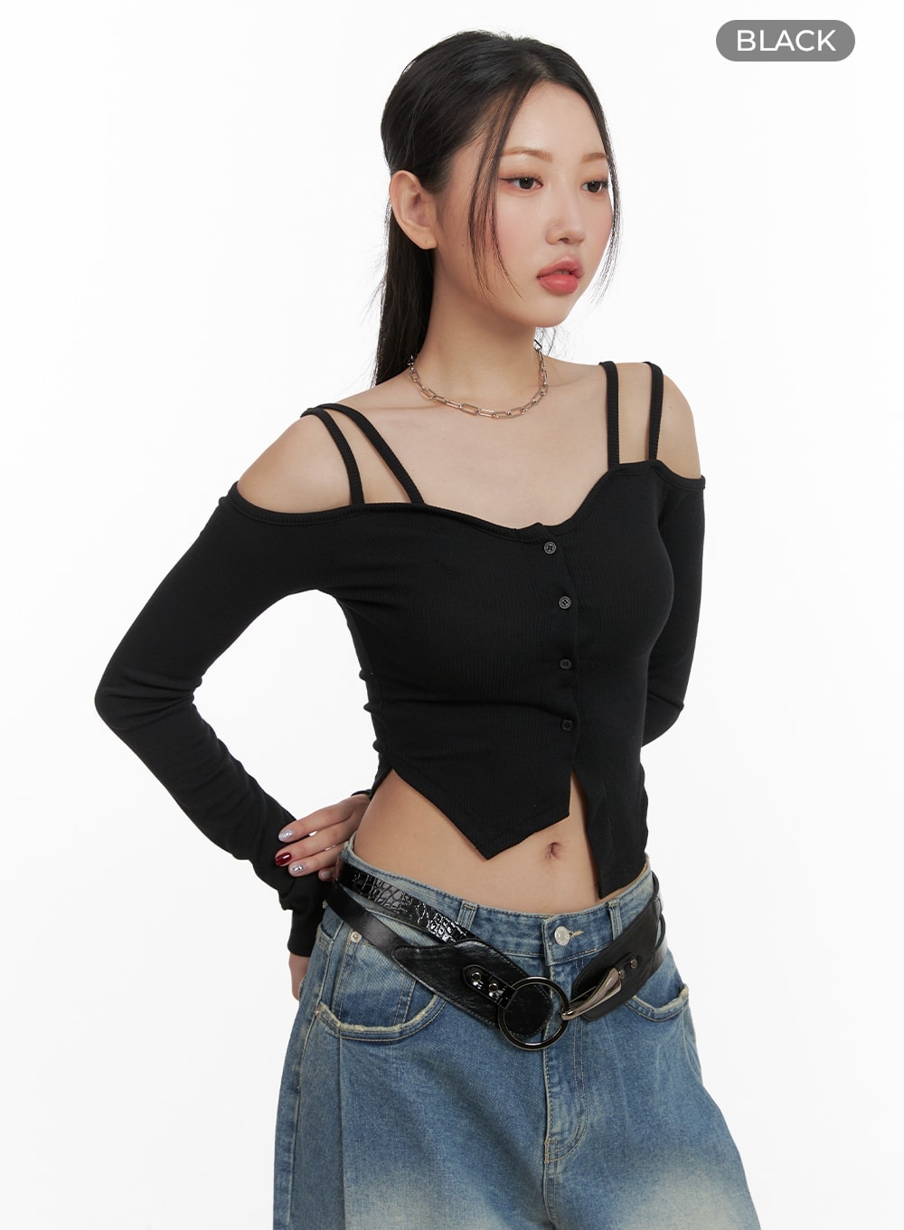 Cold Shoulder Button Ribbed Crop Top CA416