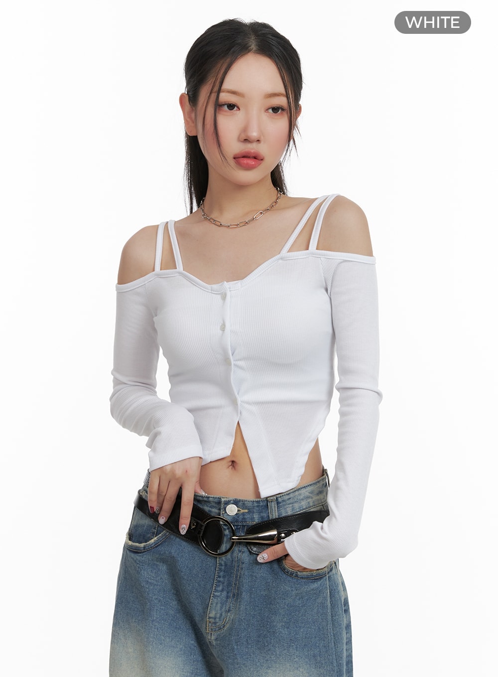 Cold Shoulder Button Ribbed Crop Top CA416