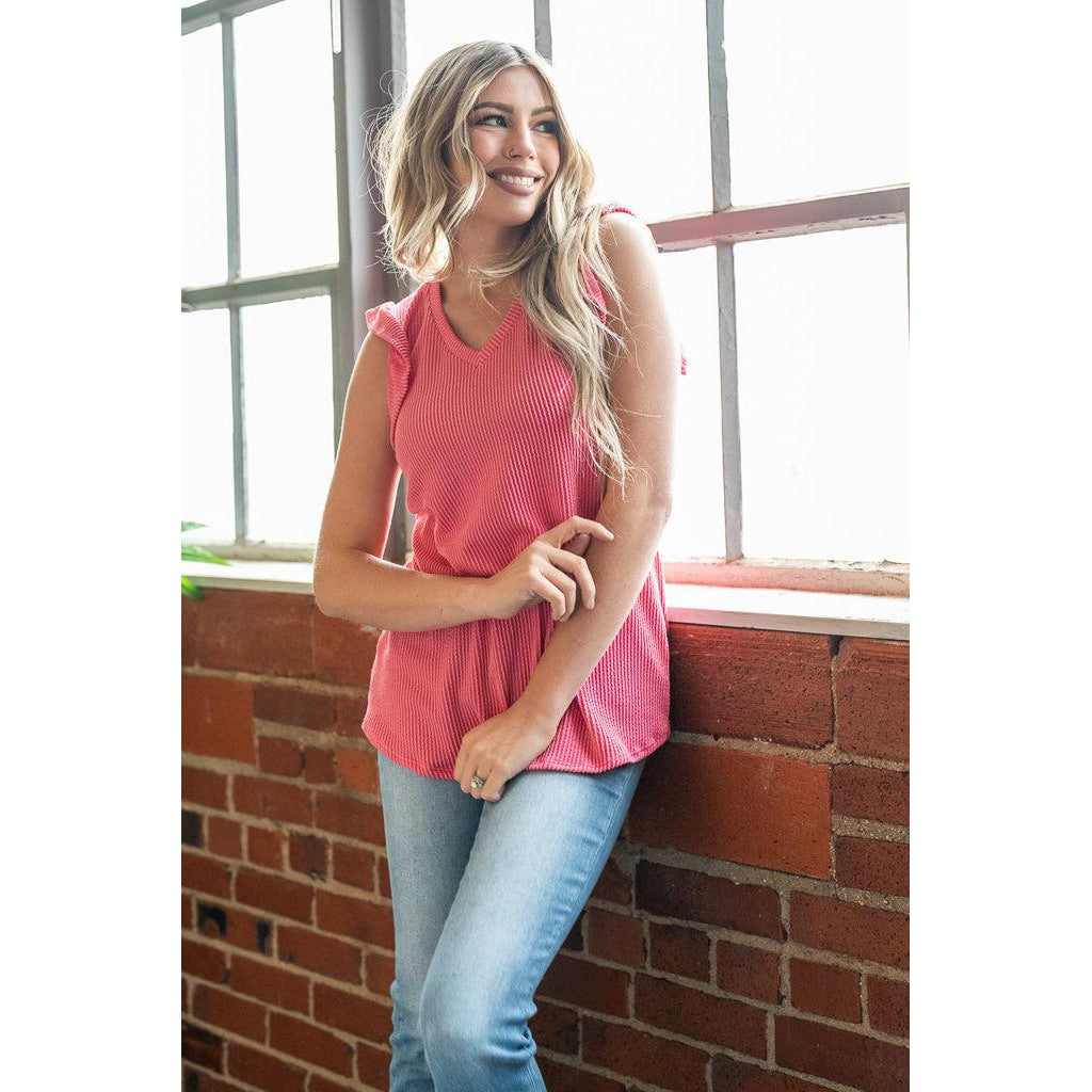 Coral Ribbed Ruffle Sleeve Top (S-3X)