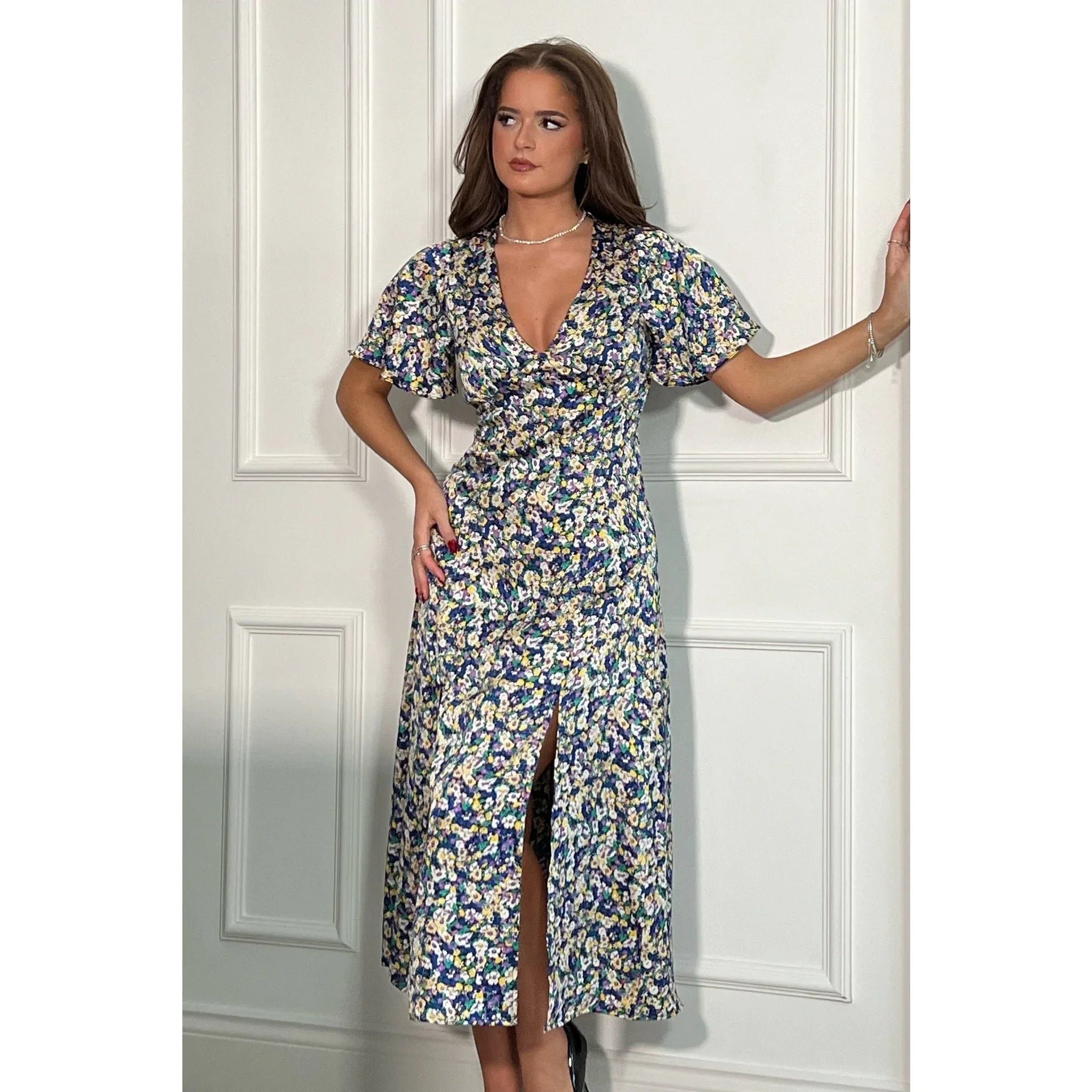 Ditsy Floral Midi Dress With Angel Sleeves & High Leg Split