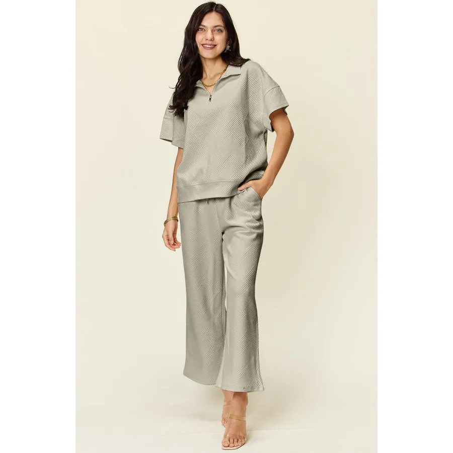 Double Take Full Size Texture Half Zip Short Sleeve Top and Pants Set