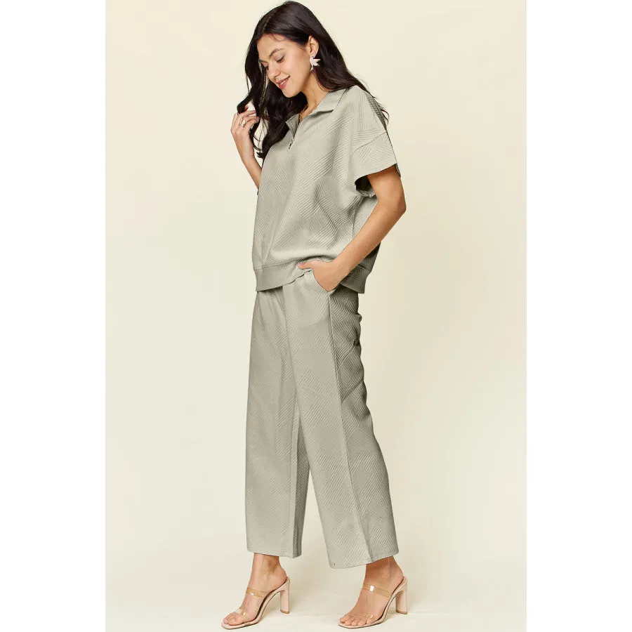 Double Take Full Size Texture Half Zip Short Sleeve Top and Pants Set