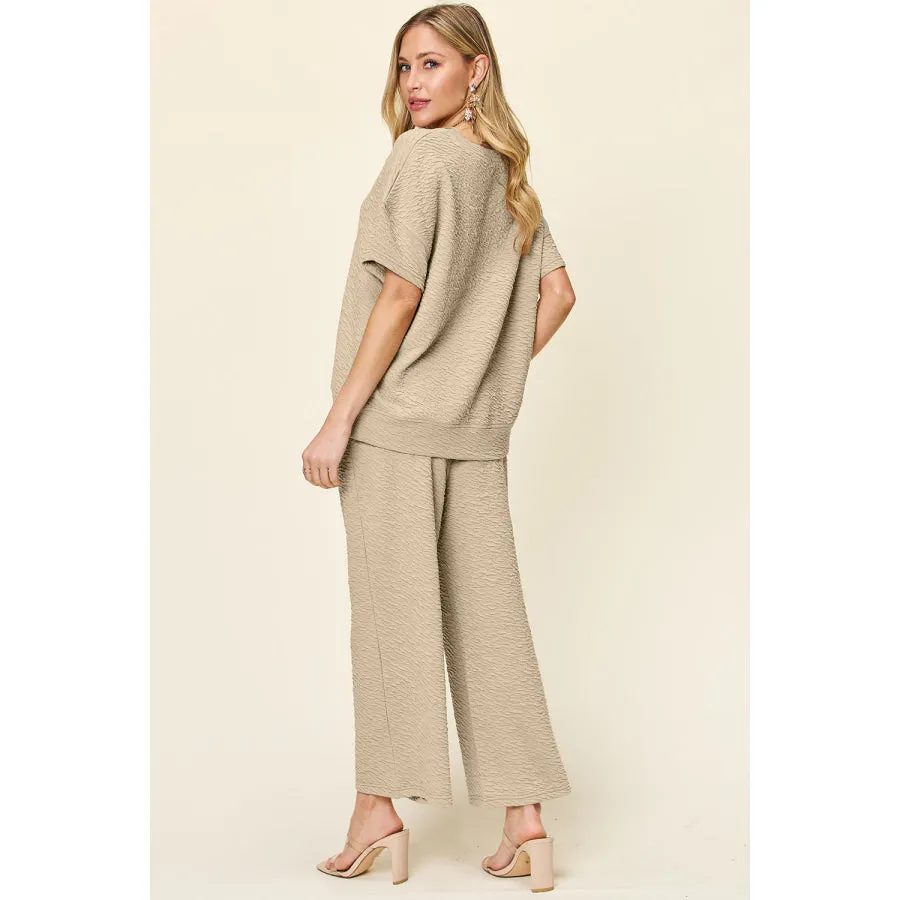 Double Take Full Size Texture Short Sleeve Top and Pants Set