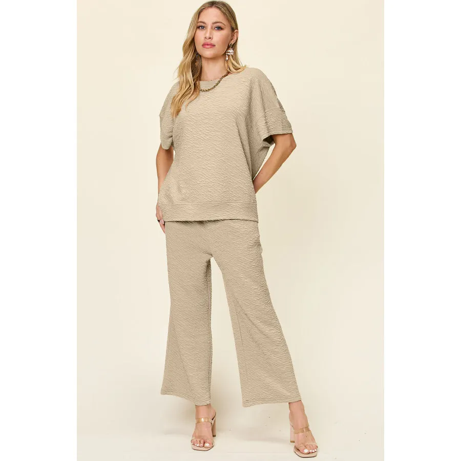 Double Take Full Size Texture Short Sleeve Top and Pants Set