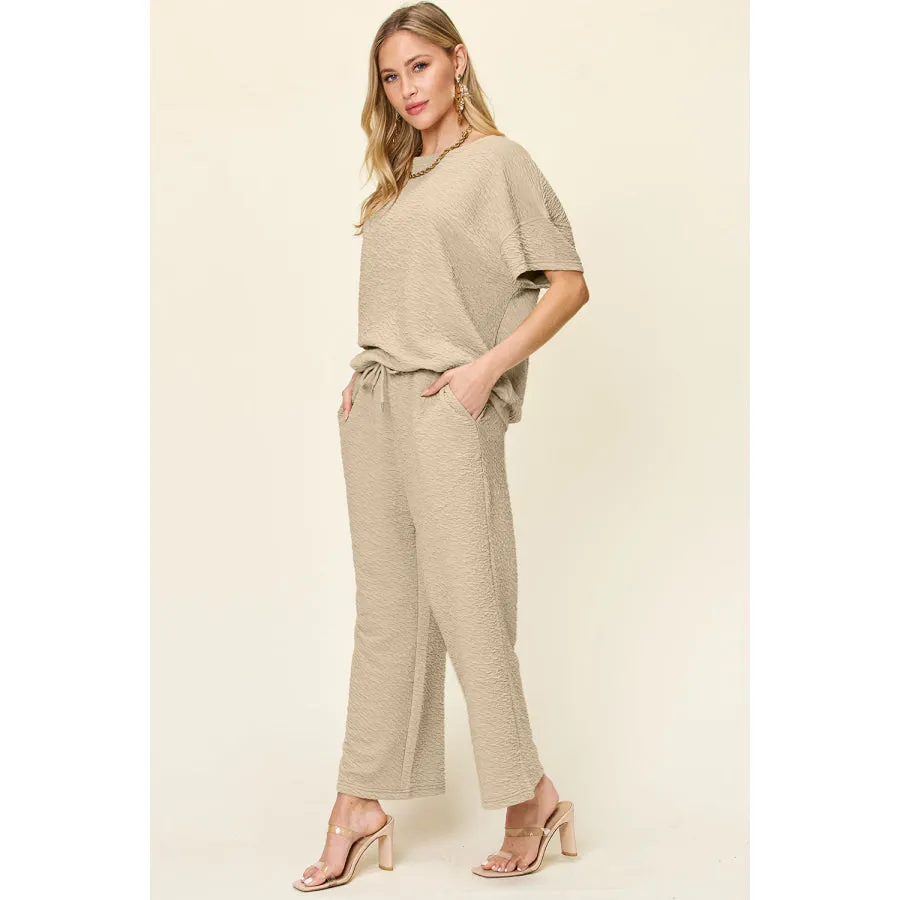 Double Take Full Size Texture Short Sleeve Top and Pants Set