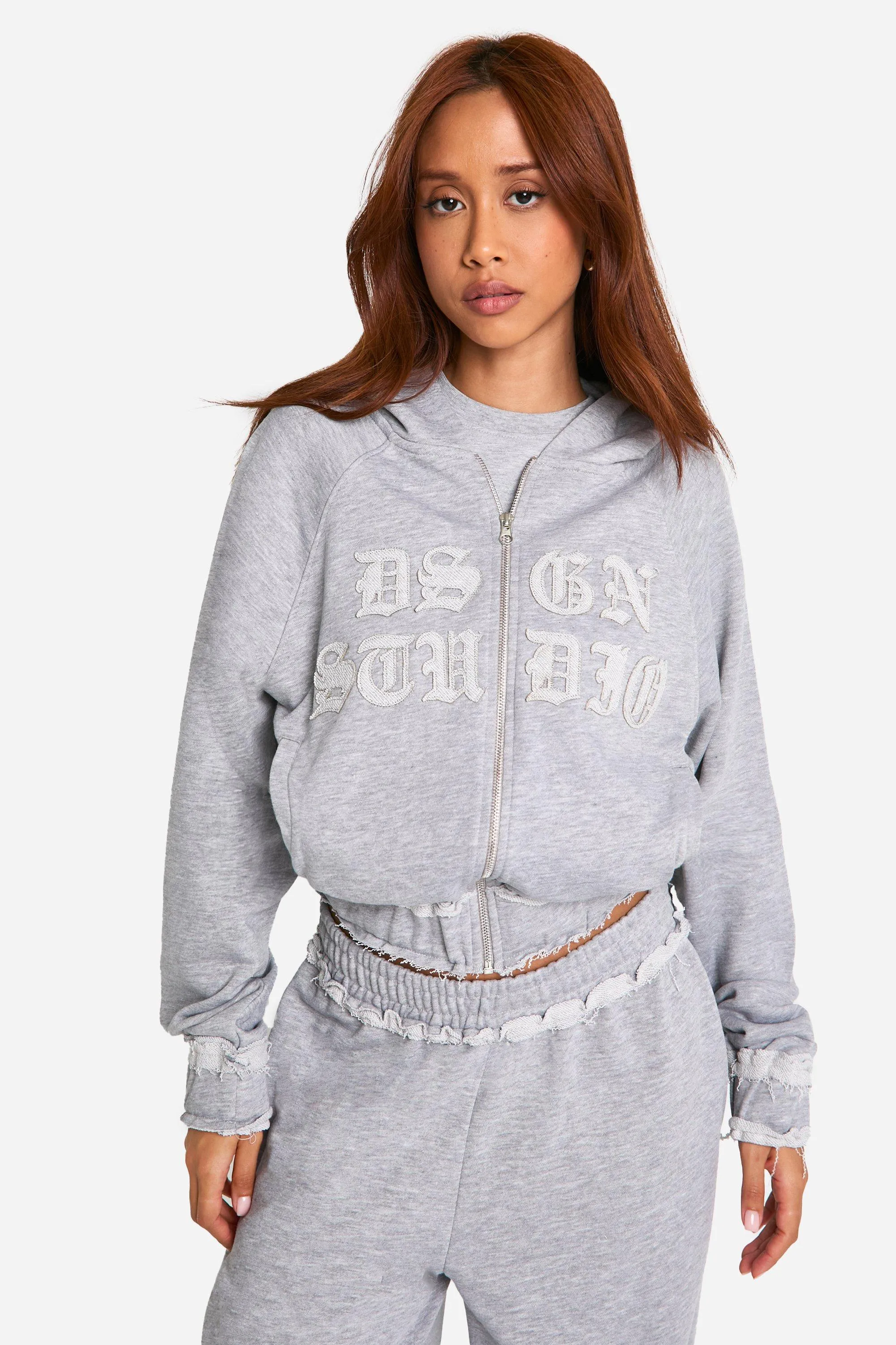 Dsgn Studio Self Fabric Applique Distressed Zip Through Hoodie