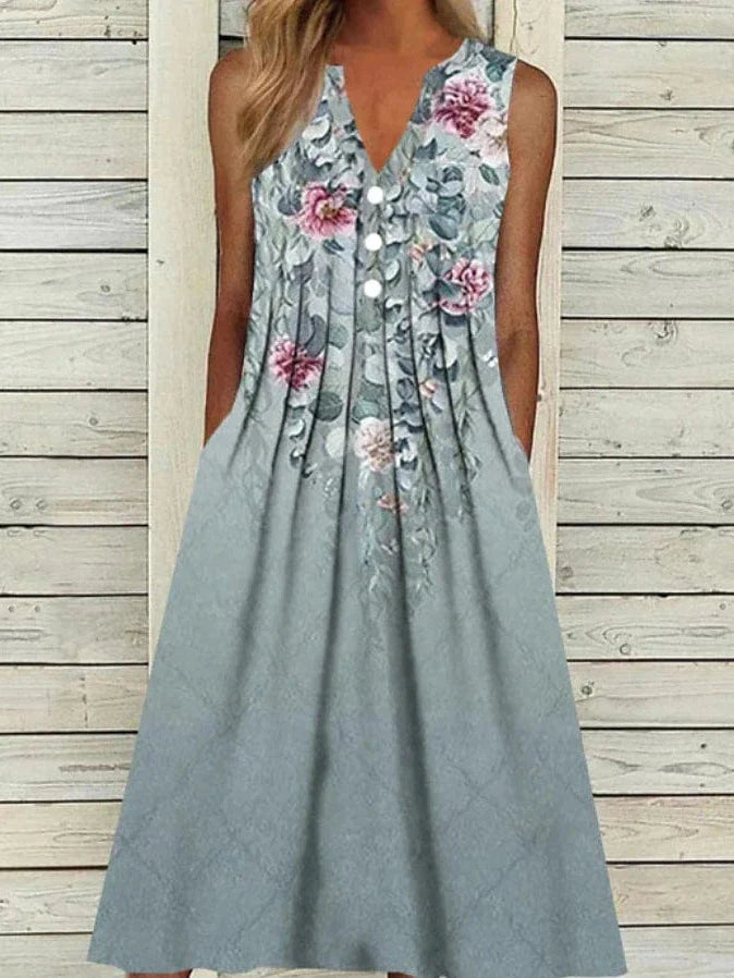 Elegant Gray Floral Midi Dress for Women - Sleeveless V-Neck Summer Dress