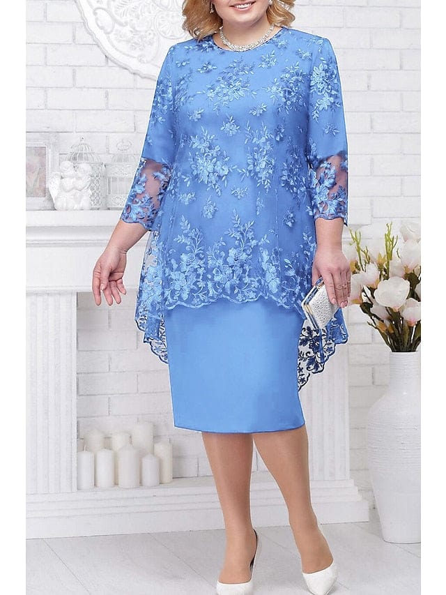 Elegant Navy Blue Plus Size Floral Lace Midi Dress for Women