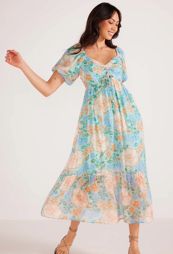 Evelyn Puff Sleeve Midi Dress-Mint/Floral