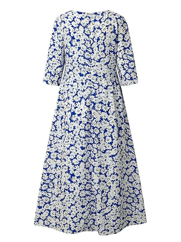 Feminine Floral Print Ruched Midi Dress with Half Sleeves