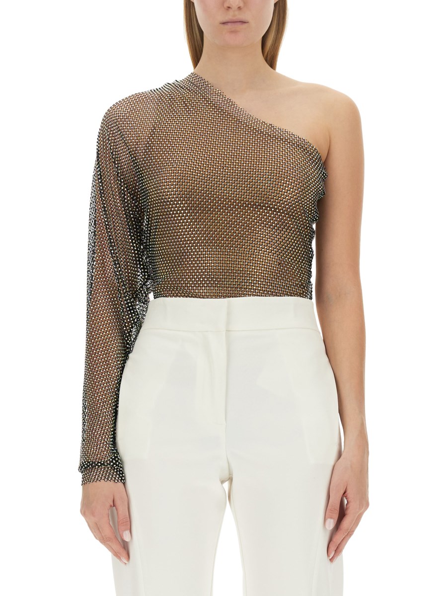 GENNY    ONE-SHOULDER MESH TOP WITH CRYSTALS