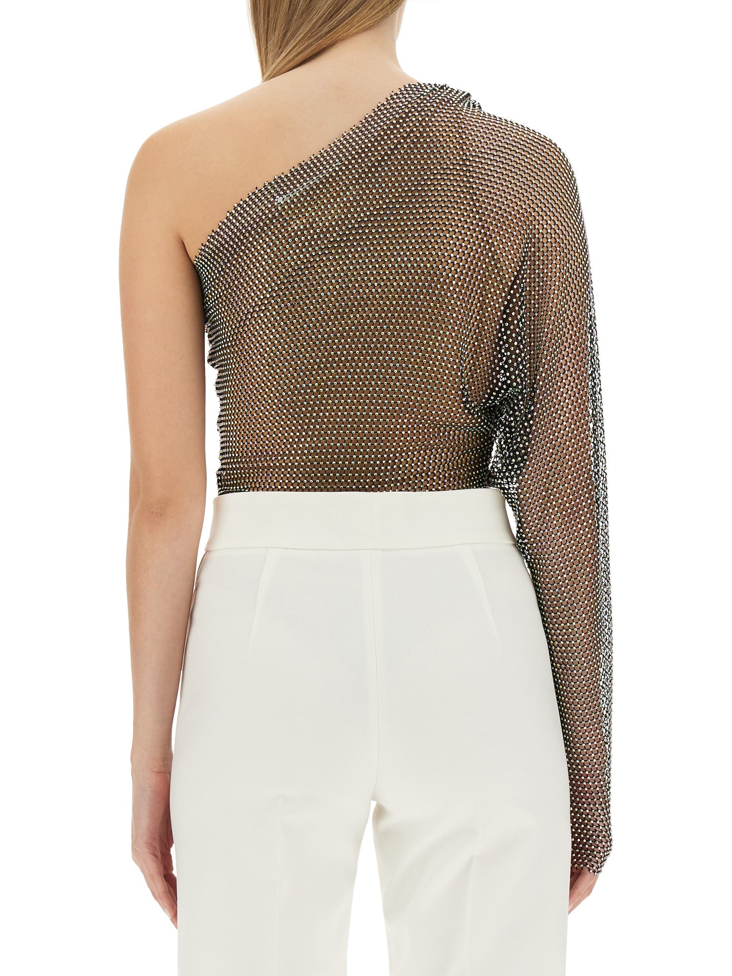 GENNY    ONE-SHOULDER MESH TOP WITH CRYSTALS