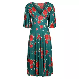 Green And Red Floral Print Waterfall Sleeve Midi Dress