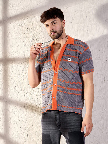 grey and orange striped crochet shirt