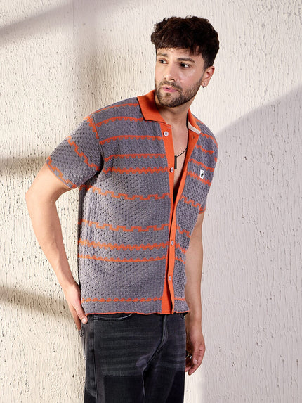 grey and orange striped crochet shirt