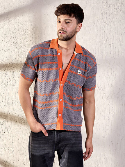 grey and orange striped crochet shirt