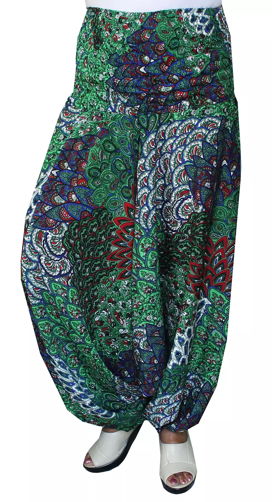 Harem Pants Womens Smocked Waist Hippie Moss Crepe (Green)