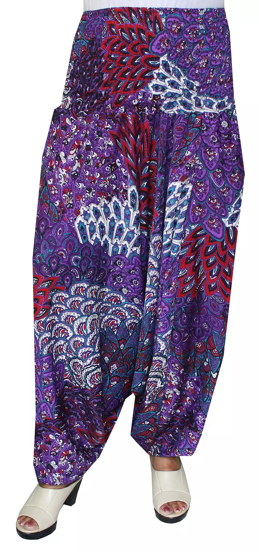 Harem Pants Womens Smocked Waist Hippie Moss Crepe (Purple)