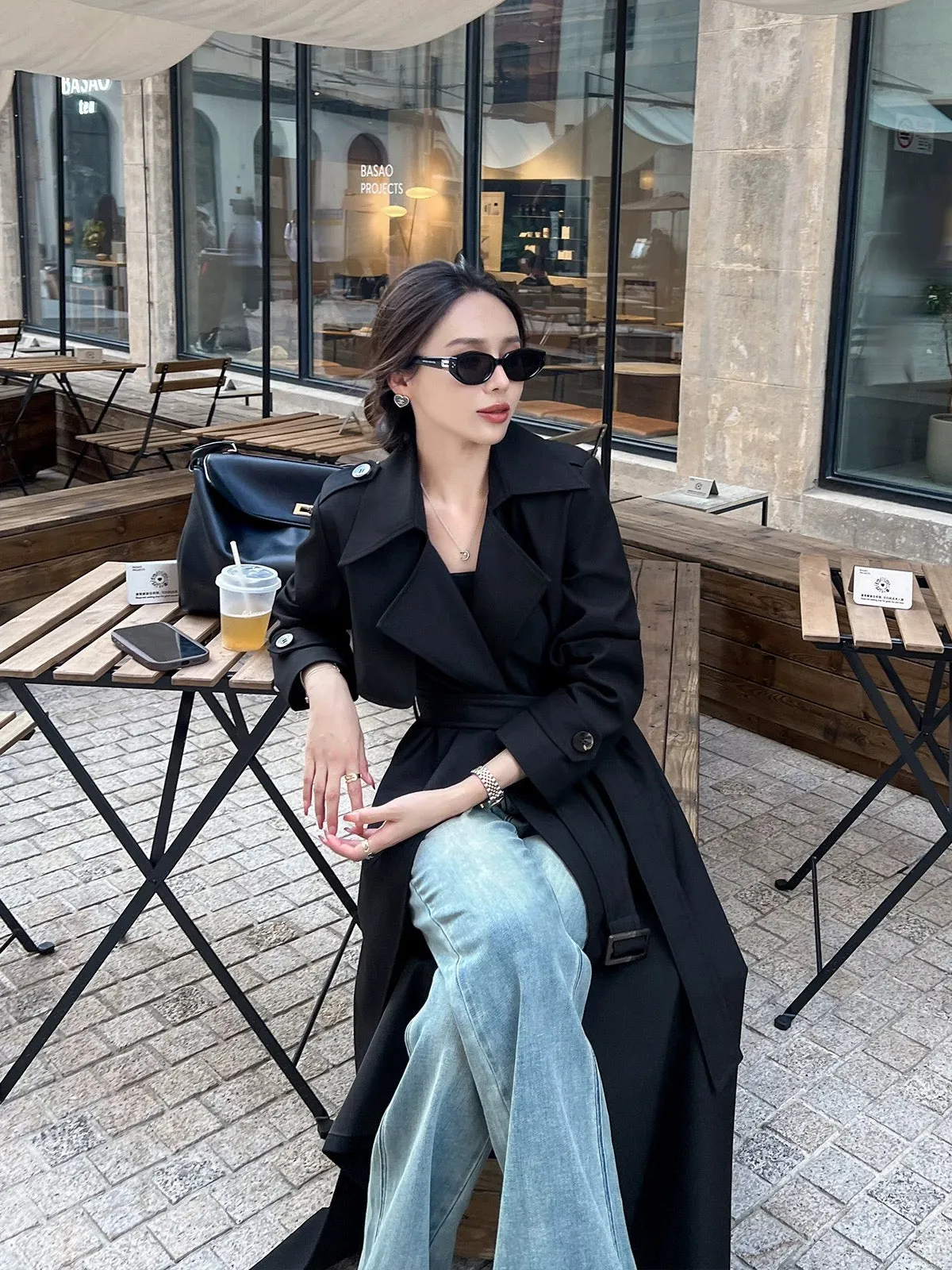 High-end black trench coat women's mid-length 2024 new spring and autumn Korean style British style over-the-knee coat