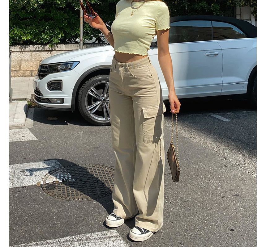 High Waist Pocket Straight-Fit Wide-Leg Cargo Pants dd31