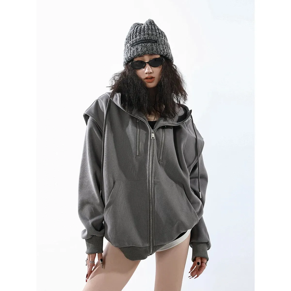 ICH MODE 2024 Spring and Autumn Coat Women's American Retro Shoulder Pad Fake Two-Piece Gray Hooded Sweatshirt Cardigan