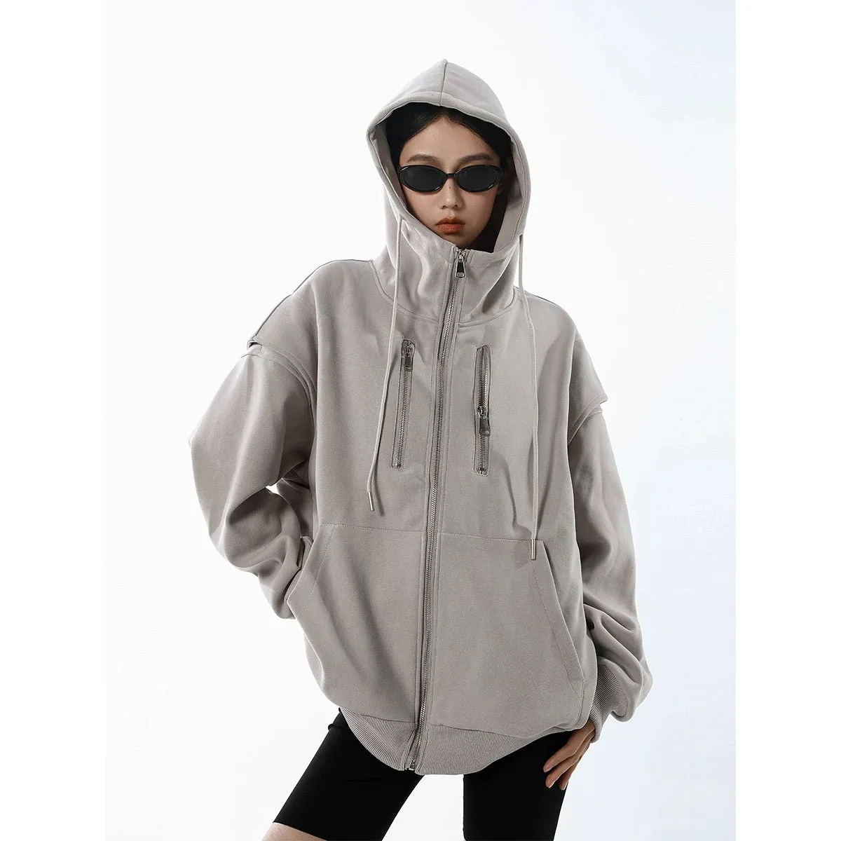 ICH MODE 2024 Spring and Autumn Coat Women's American Retro Shoulder Pad Fake Two-Piece Gray Hooded Sweatshirt Cardigan