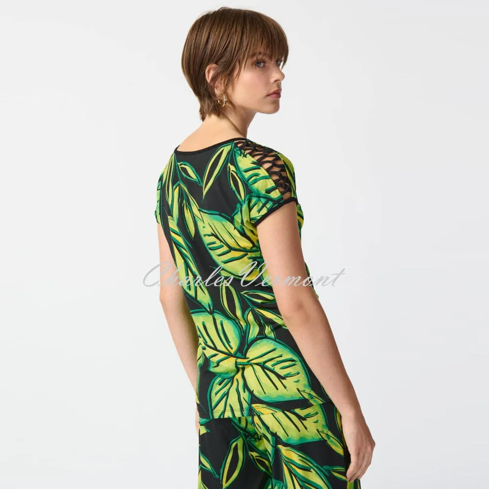 Joseph Ribkoff Tropical Leaf Print Top With Lattice Shoulder Detail - Style 241244