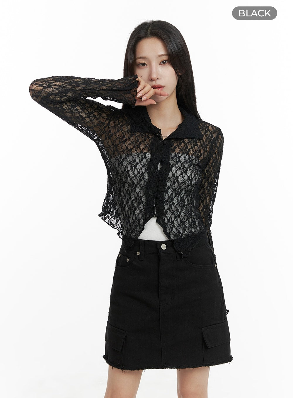 Lace Solid Ruffle Hem Long Sleeve Blouse CM427