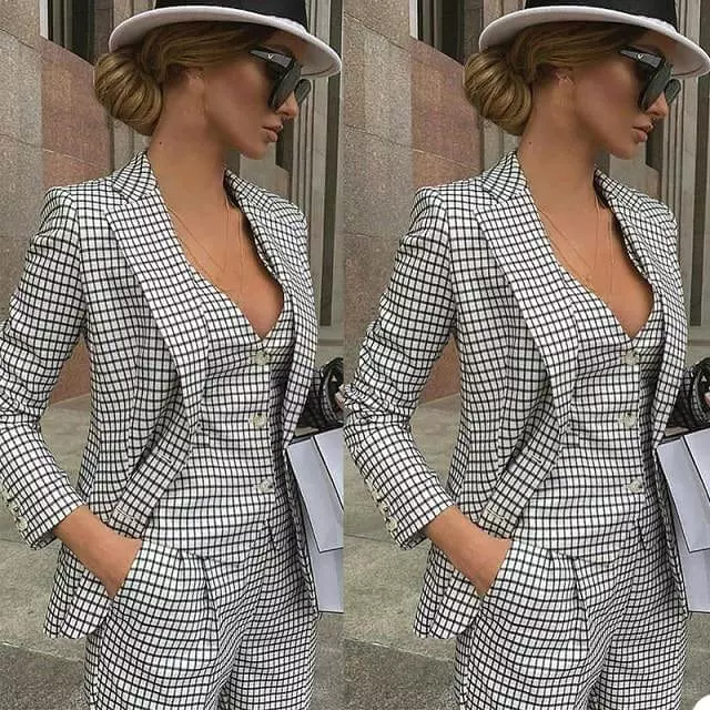 Ladies Checked Three Piece Pantsuit