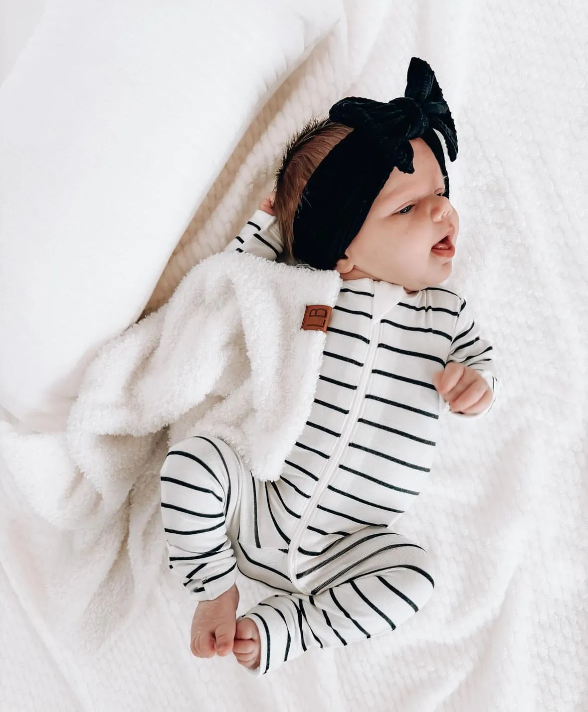 LB x Baby Breez Long Sleeve Pinstripe Romper Pajamas - White and Black