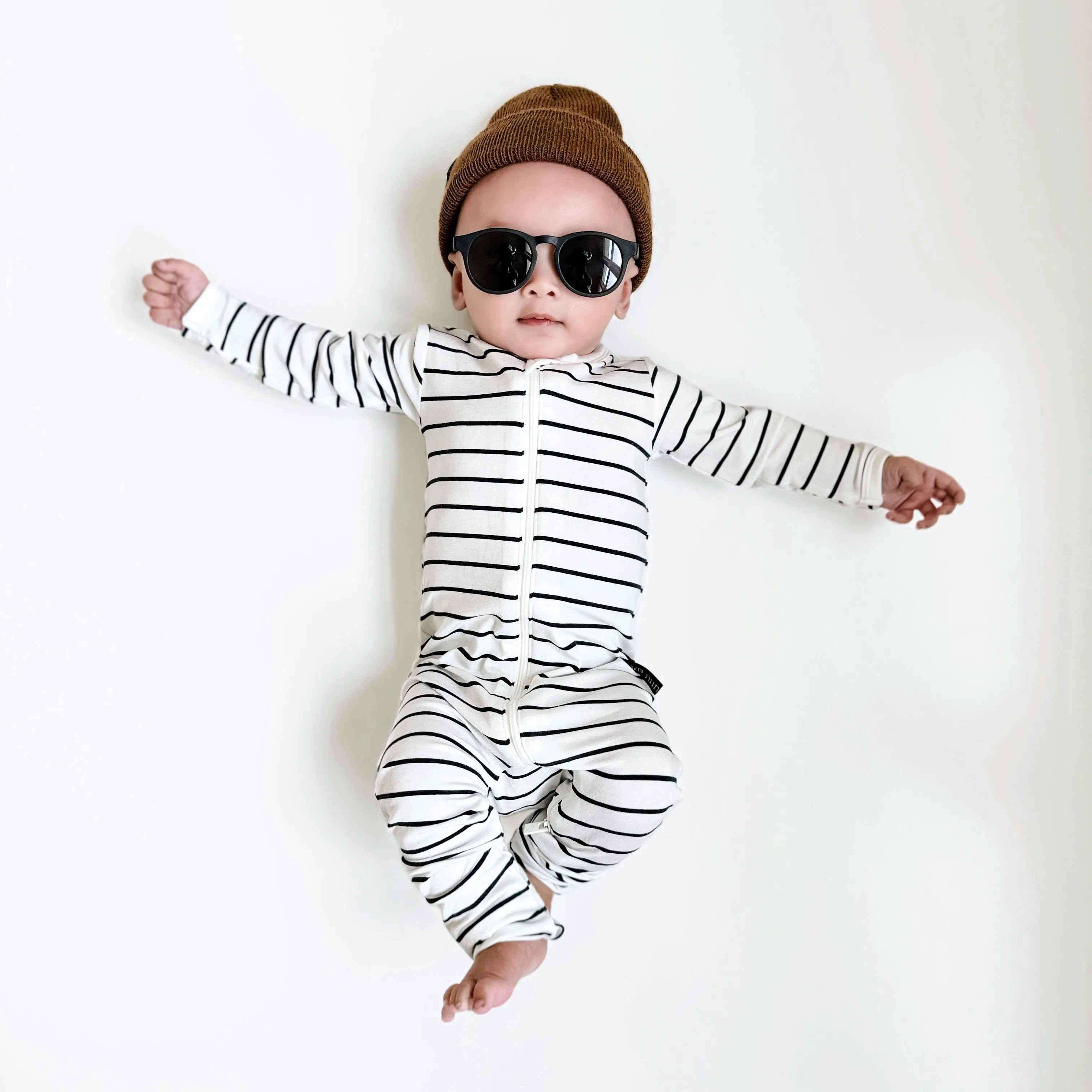 LB x Baby Breez Long Sleeve Pinstripe Romper Pajamas - White and Black