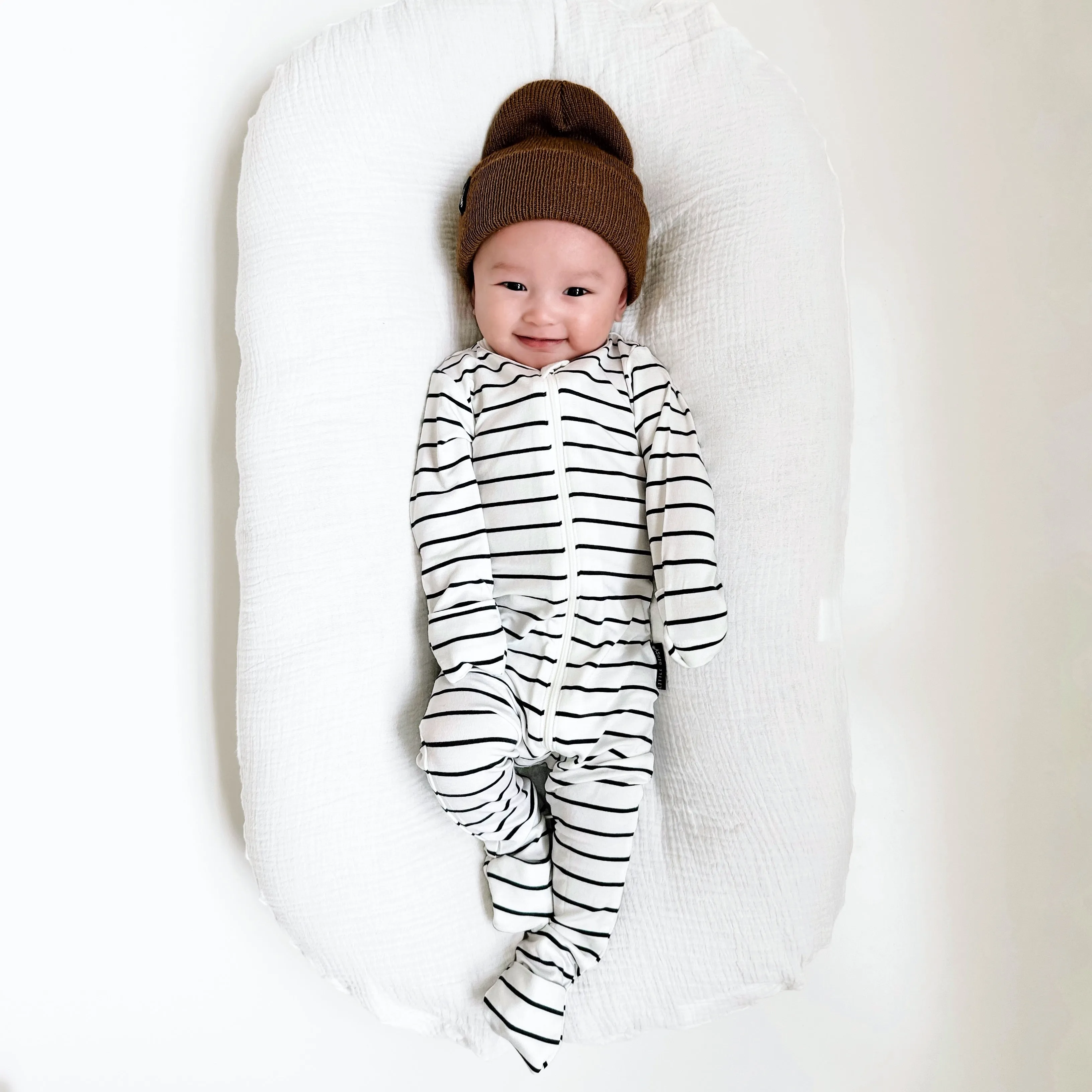 LB x Baby Breez Long Sleeve Pinstripe Romper Pajamas - White and Black