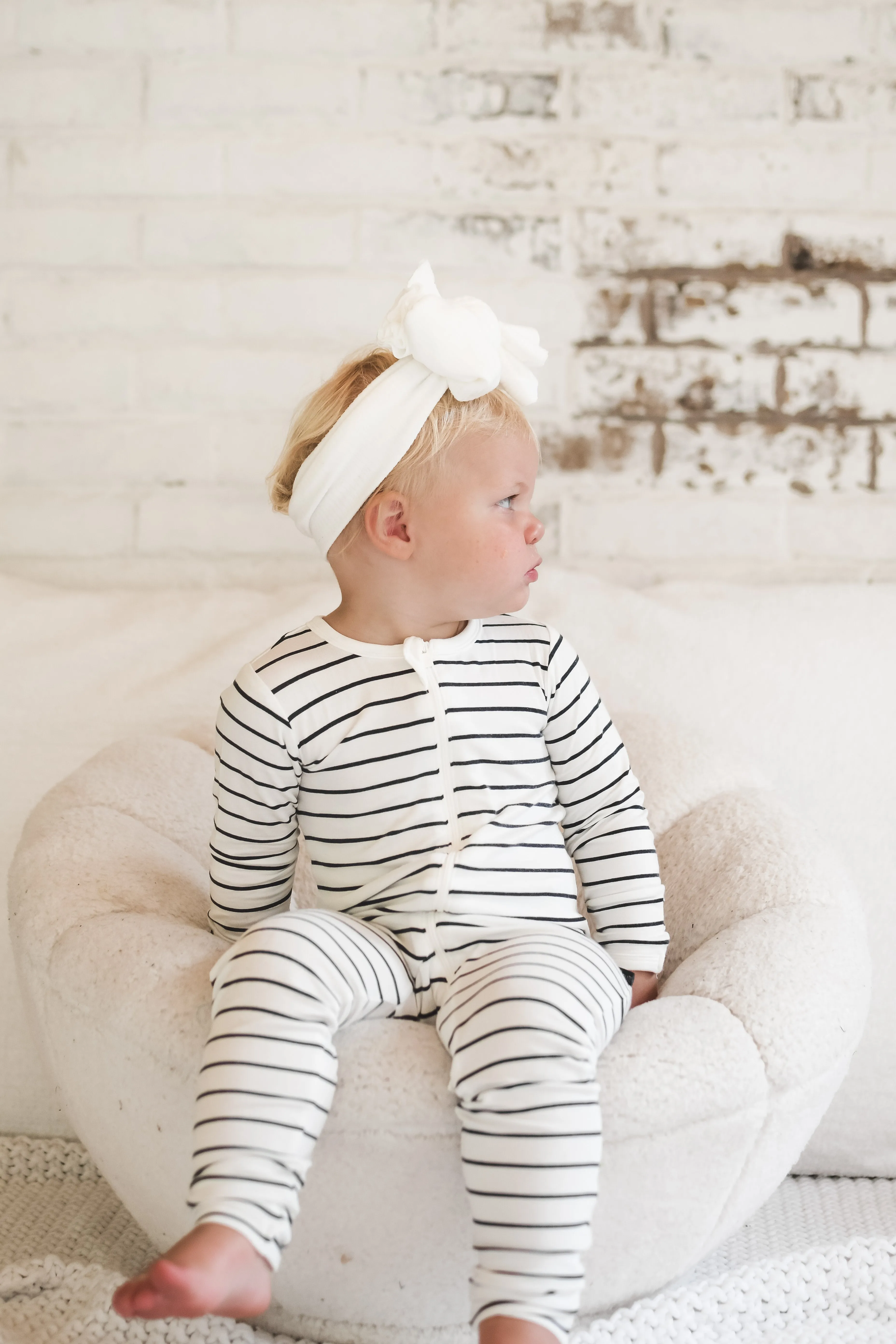 LB x Baby Breez Long Sleeve Pinstripe Romper Pajamas - White and Black