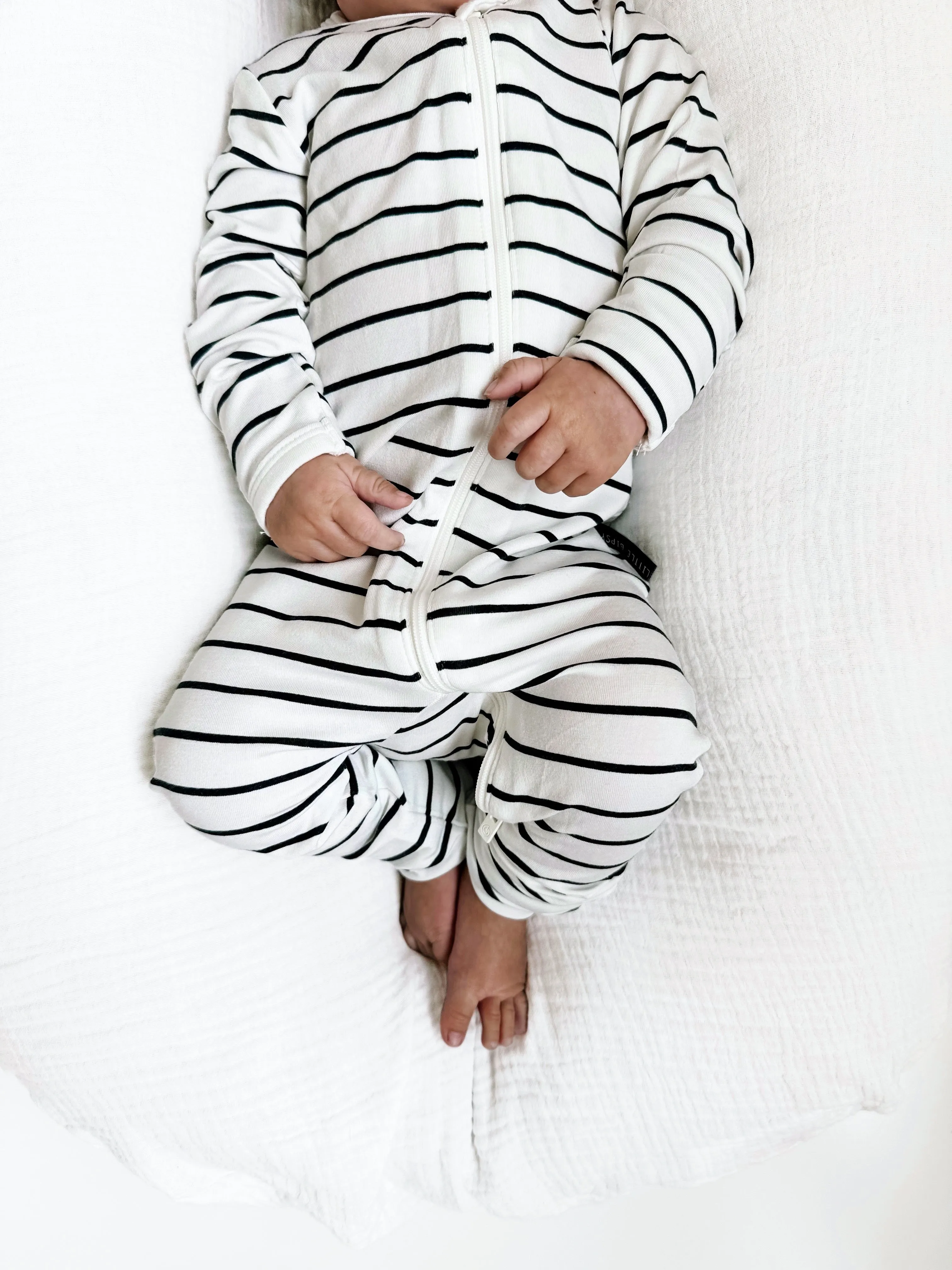 LB x Baby Breez Long Sleeve Pinstripe Romper Pajamas - White and Black